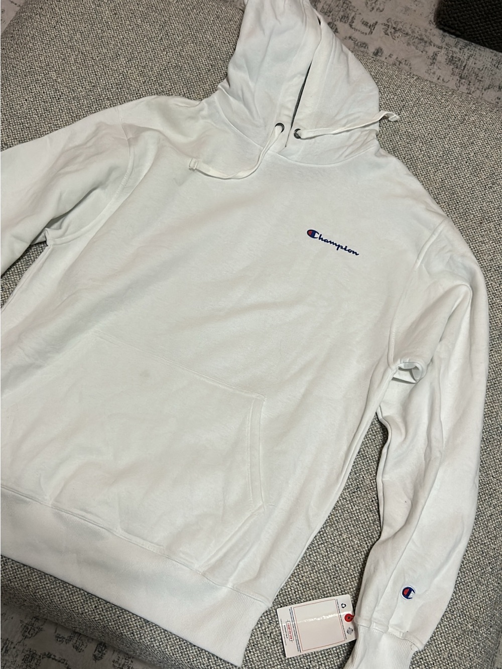Champion White Hoodie with Small Navy Logo